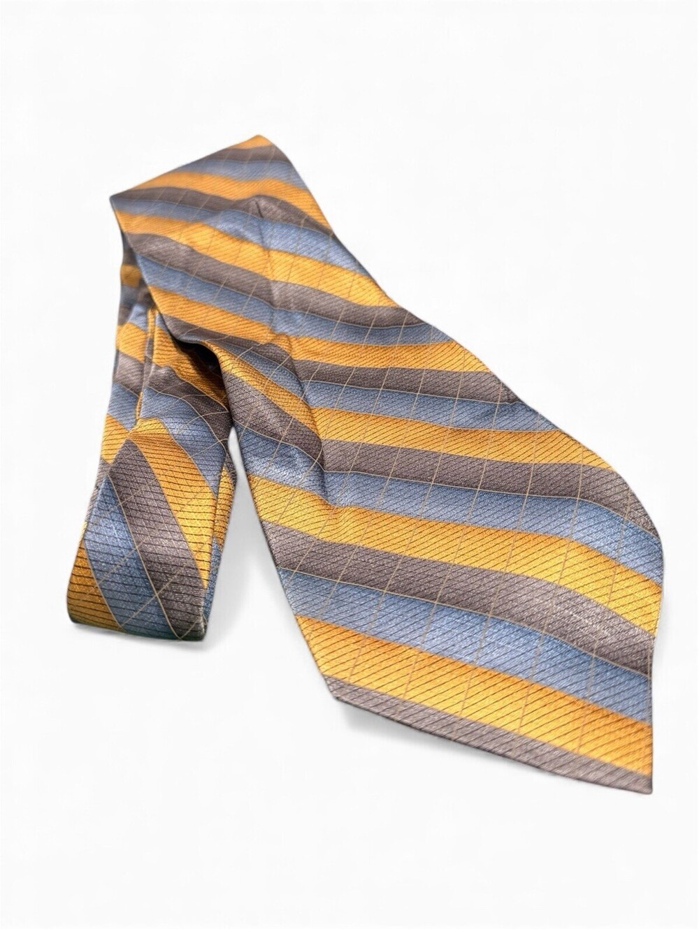 J Ferrar Mens Silk Necktie Gold Blue Grey Striped Grid Pattern Formal Tie